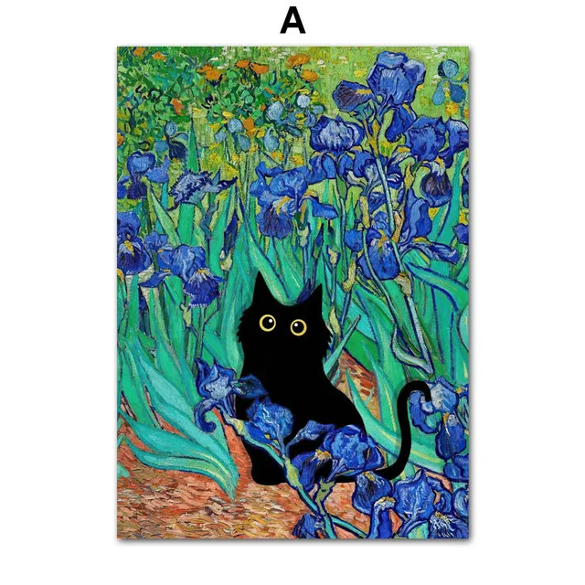 面白いアートマティスモネ黒猫ゴッホひまわりキャンバス絵画ポスターや