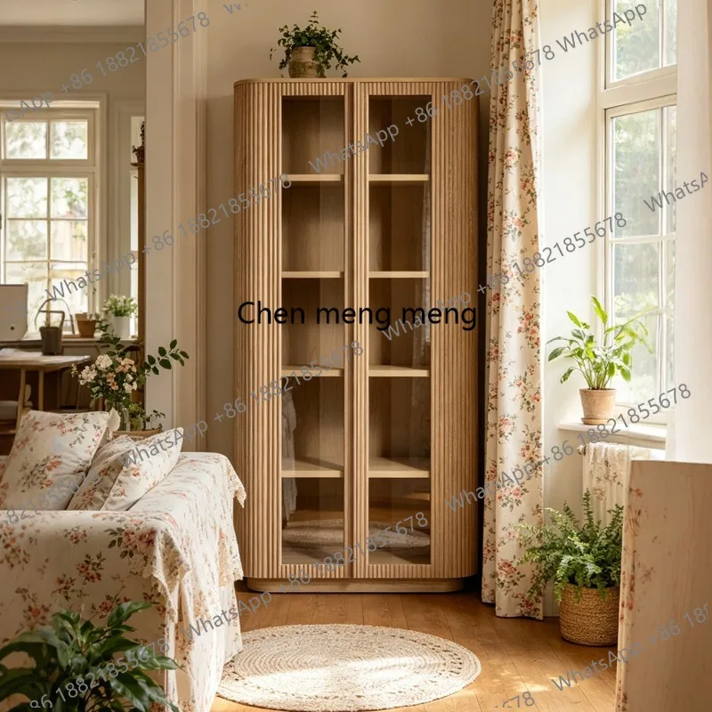 

French retro solid wood wine cabinet, living room glass door storage display cabinet, American floor-to-ceiling bookcase
