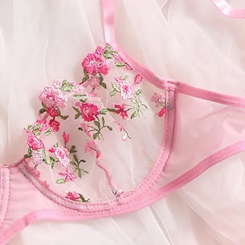 Caofeimao 2025 Lingerie Sexy Floral Embroidery Underwear Transparent Lace Short Skin Care Kits Delicate Fairy Set Woman 2 Pieces