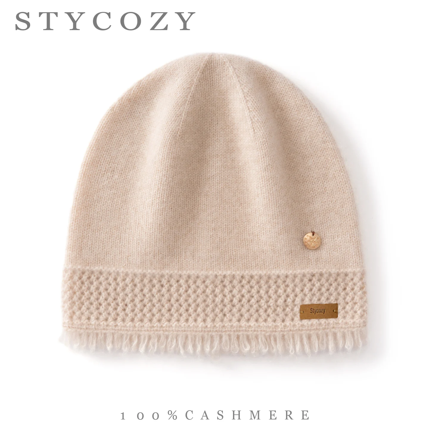 100% Cashmere Knit Beanie Hat  Women Unisex Winter Tassel Trim Soft Warm Slouchy Knitted Cap Daily Outdoor Warm Headwear