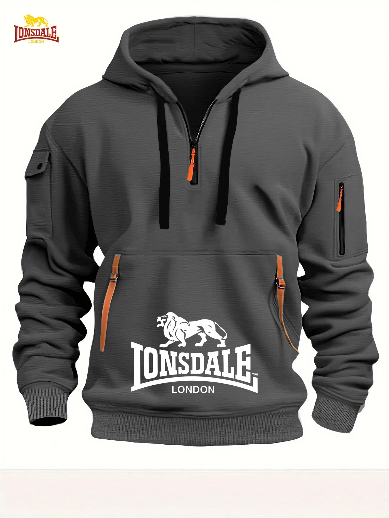 Sudadera con capucha y media cremallera Lonsdale London Lion, con múltiples bolsillos, ropa de trabajo, estampado del logotipo del león en el pecho, sudadera holgada unisex