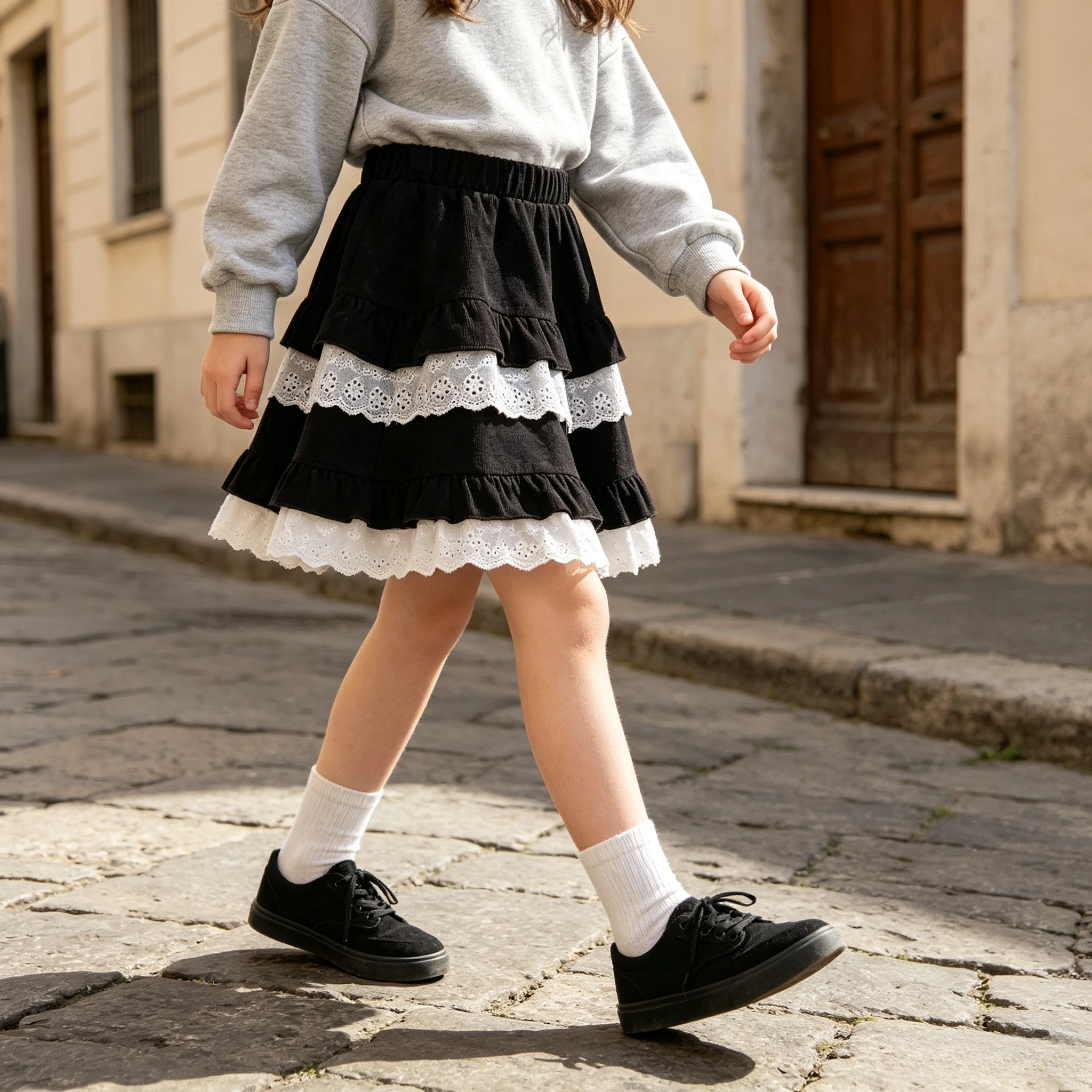 Girls Corduroy Skirt Tiered Ruffle Eyelet Lace Trim Smocked Waist Kids Mini Skirt Vintage Retro Casual Daily Party Wear Bottom