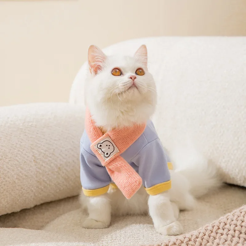 Soft and Comfortable Cat Clothes Macaron Color Autumn Winter Warm Coat with Scarf Base Puppy Kitten Pet Sphinxt Cat Clothes