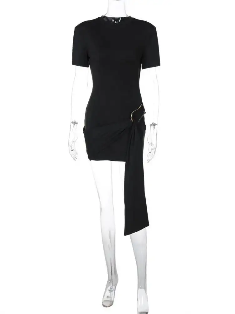 モジション 半袖 ドレープ セクシー ミニワンピース レディース ブラック メタルバックル Oネック ハイウエスト ボディコン クラブドレス ベスティード 服