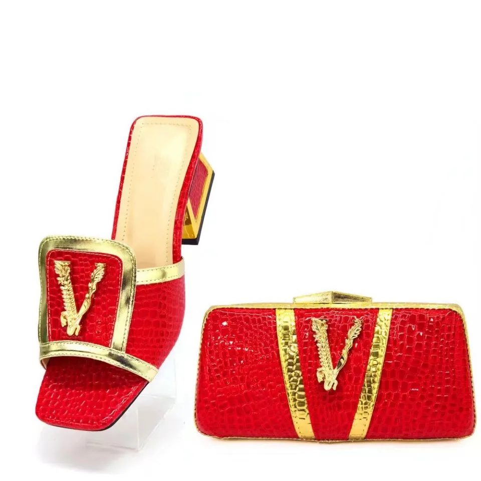 

Wonderful Red Women Shoes Match Purse With Metal Decoration African Dressing Pumps And Handbag Set CR905,Heel 5.5CM