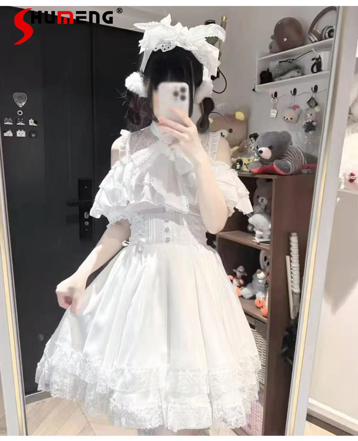

Japanese Style Mass-produced Subculture Sweet Cute Off-shoulder Short-sleeved Shirt High-waisted Lace Skirt Two-piece Set Women
