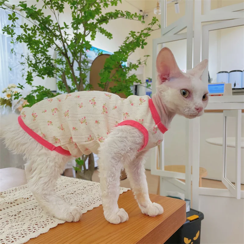 Breathable Mesh Cotton T-shirt for Hairless Cat Sweet Red Floral Summer Vest for Sphynx Cat Devon Rex Loungewear in Spring