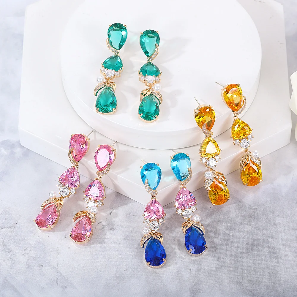

925 Silver Gold Plated Multicolor Pear CZ Drop Earrings, Pearl Accent Dangle, Luxury Bridal Jewelry for Women