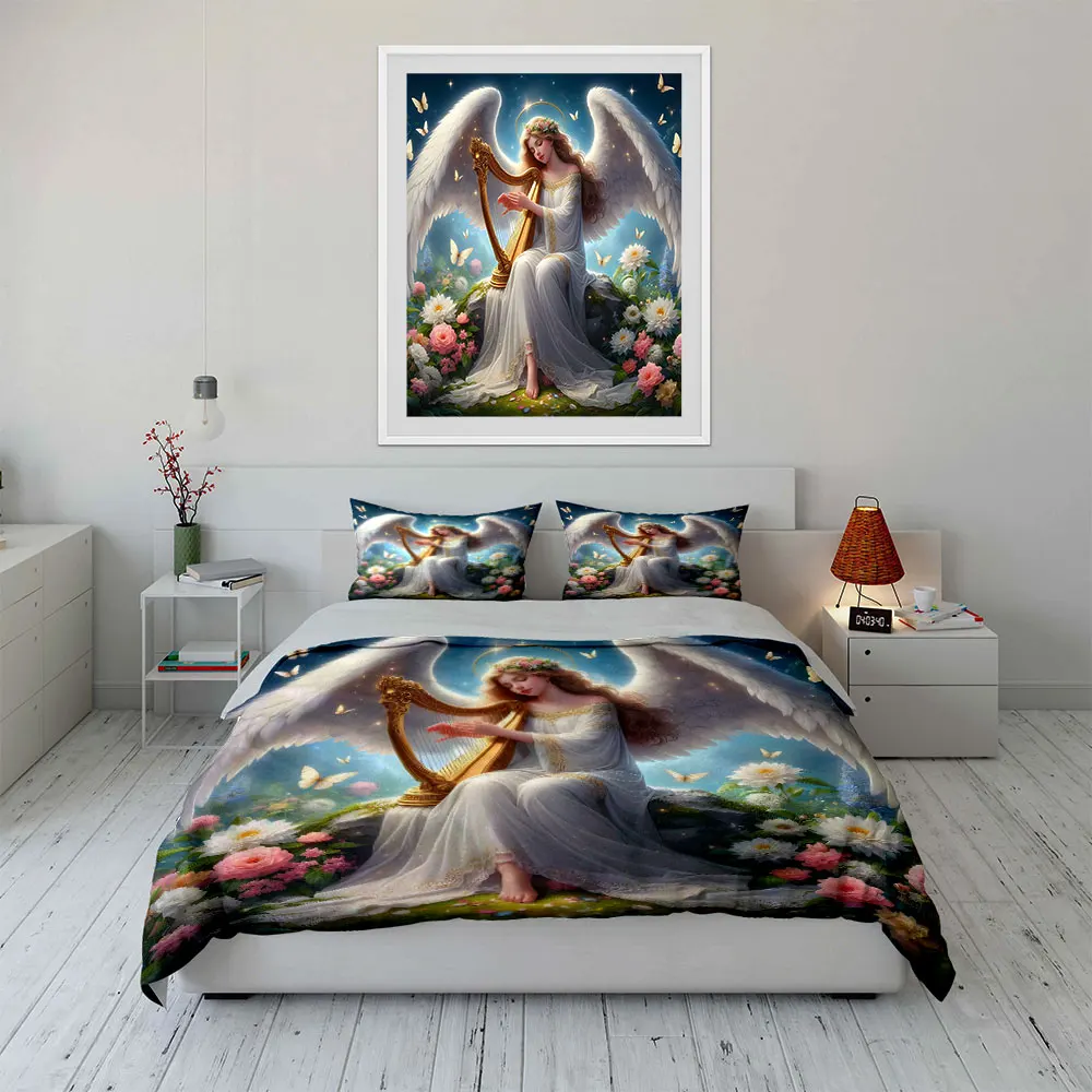 Angel playing harp with flowers Pattern Duvet Cover Set Digital Print Colorful Polyester Bedding with Zipper Closur for gifts