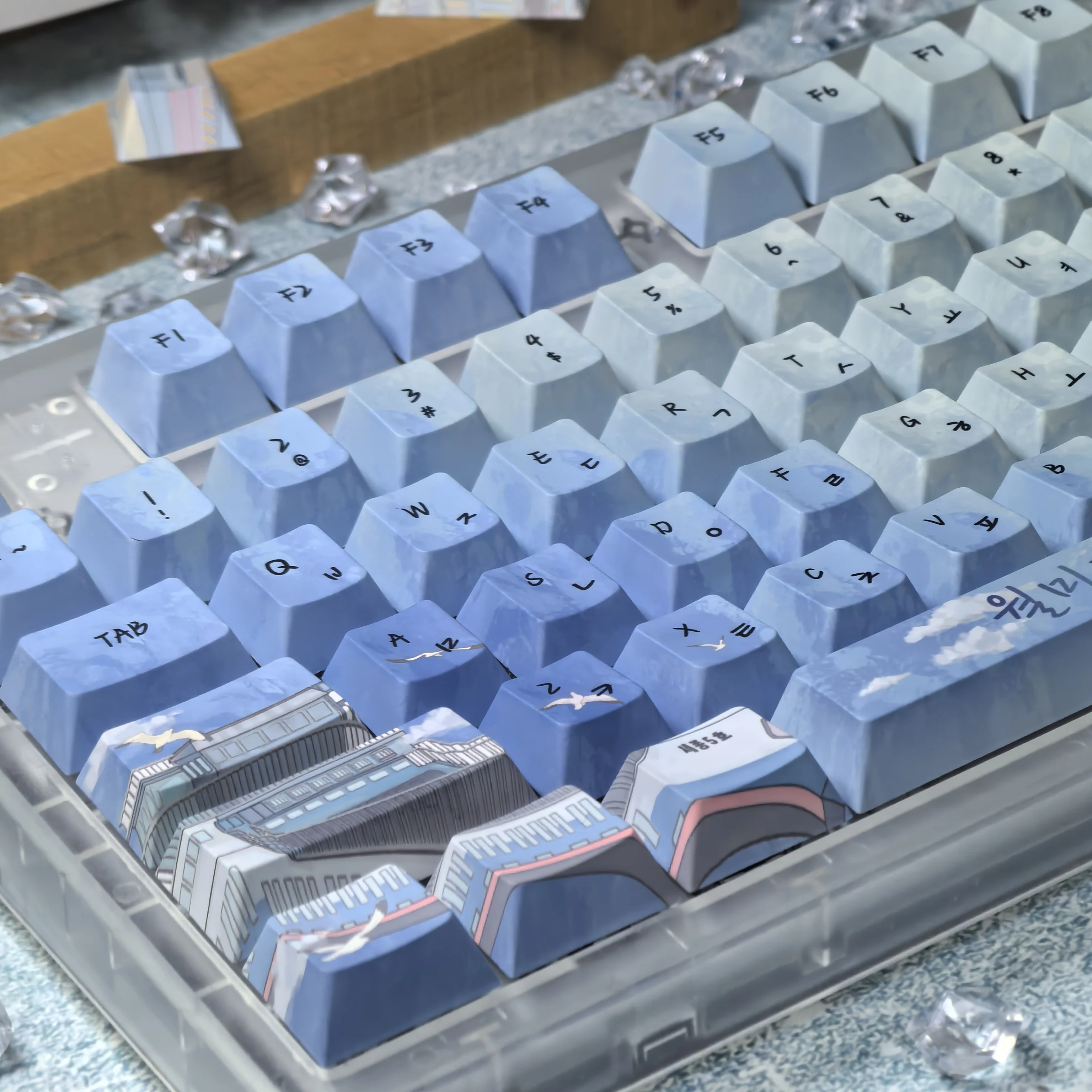 Korean Keycaps Blue Turquoise Cherry Pbt Wolmido Island Lighthouse Seagull Ferris Wheel Elements Sea Train Hangul Keycaps