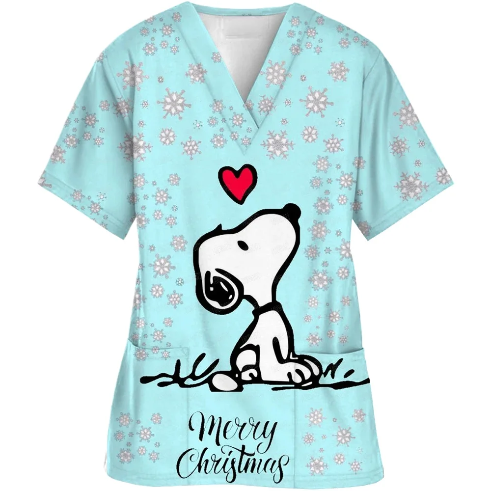 2024 Summer New Cartoon Snoopy women's printed short sleeved T-shirt nurse uniform V-neck pocket women's top Laboratory Clothing