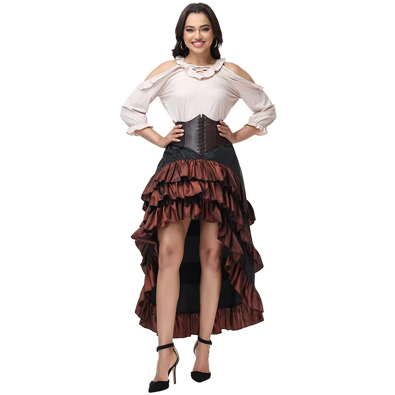 Halloween Retro Shoulder Bared Court Dress Ladies Asymmetrical Lace Long Skirt National Dance Performance Costume Women's Style