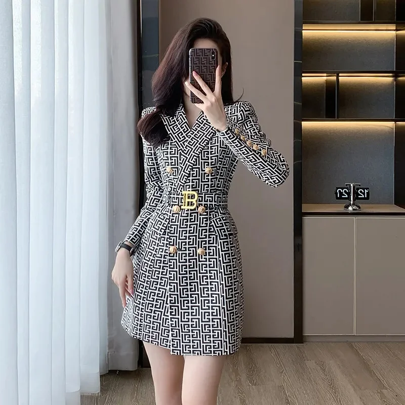 2024 Spring Autumn New Fashion Printing Suit Jacket Women's Long Sleeve Dress Mid-Long Double-Breasted Blazer Trench Coat Female