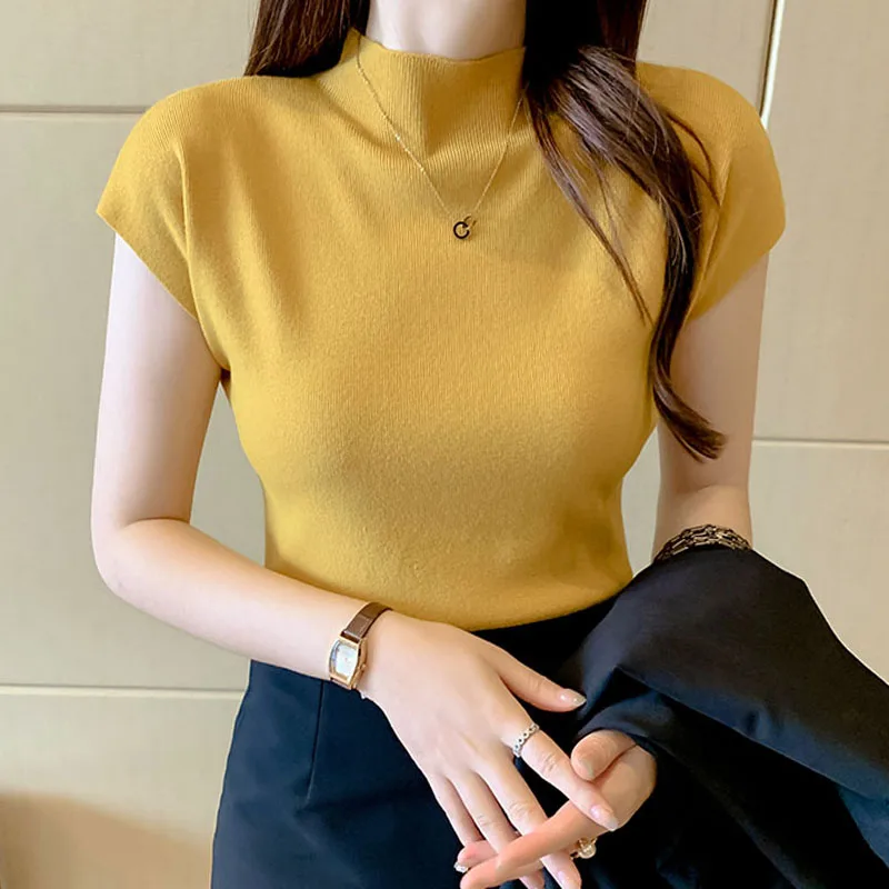 

Sweaters Knitted Sweater Women Pullovers Fashion Short Sleeve White Knit Sweater Pullover Women Tops Mock Neck Knitwears Q3427