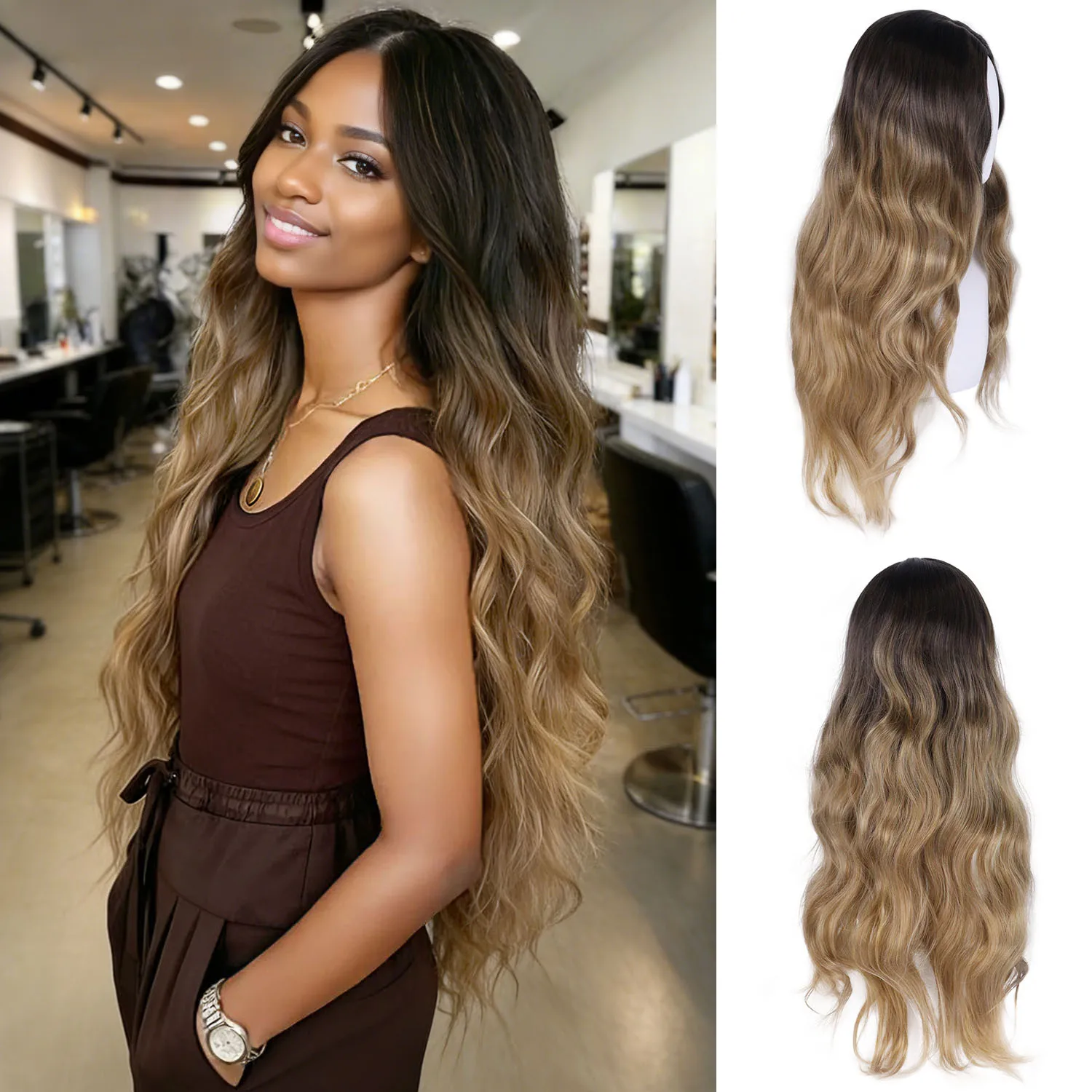 

Women's Ombre Blonde Long Wigs Synthetic Middle Part Wavy Curly Fake Scalp Wig Natural Looking Daily Party Costume Drag Queen