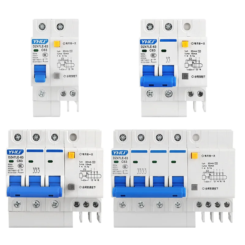 DZ47LE RCBO Circuit Breaker 1P 2P 3P 4P A 16A 20A 32A 40A 63A 30mA Earth Leakage Overload Short Circuit Protection 230V 400V