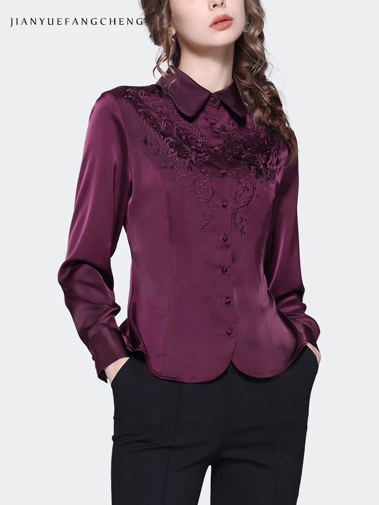 Vintage Embroidered Women Purple Satin Blouse Long Sleeve Turn-down Collar Button-down Shirt Elegant Slim Casual Female Tops