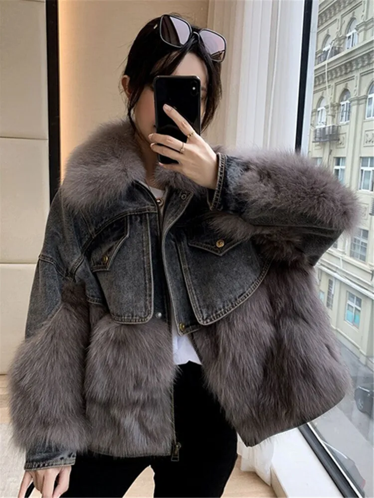 BZVW Elegant Denim Patchwork Fur Coat Womne's 2024 Winter New Lapel Singhle Button Contrast Color Elegant Jackets 25Z1240