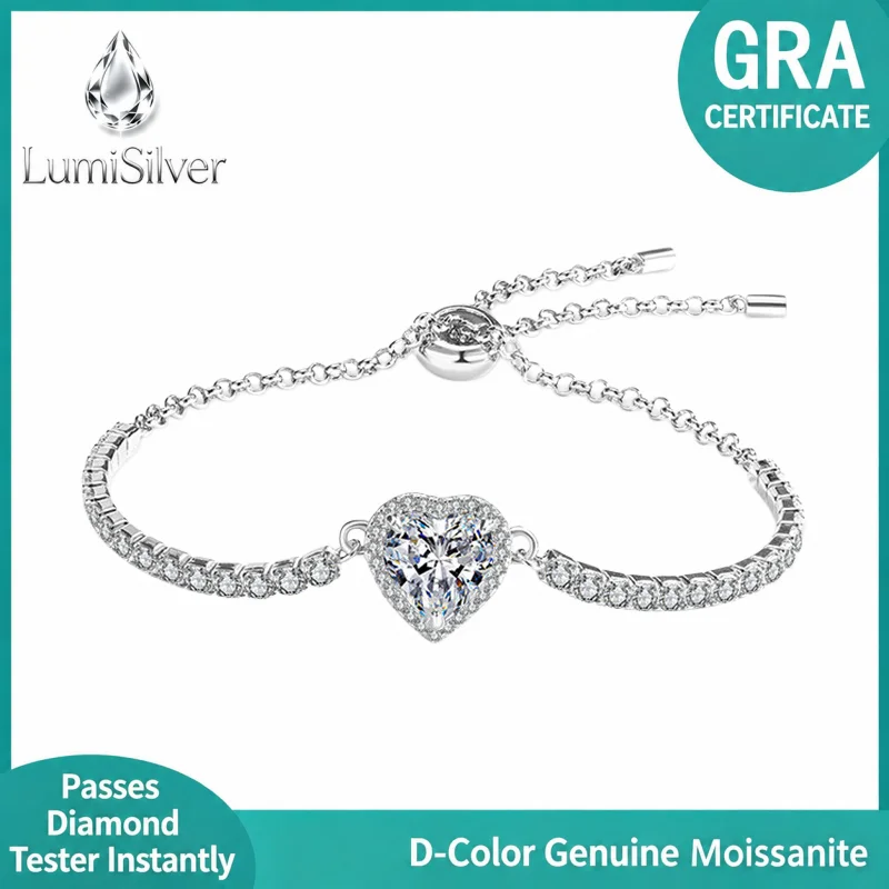 Heart Cut Moissanite Tennis Bracelet Adjustable Bolo 925 Sterling Silver GRA Certified Romantic Gift for Women