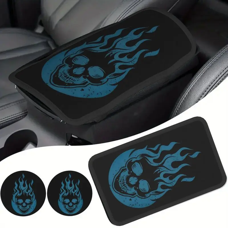 1 Pc Car Armrest Cover + 2 Pcs Cup Coasters | Blue Flame Skull Print | Cool Car Interior Accessories - view 3