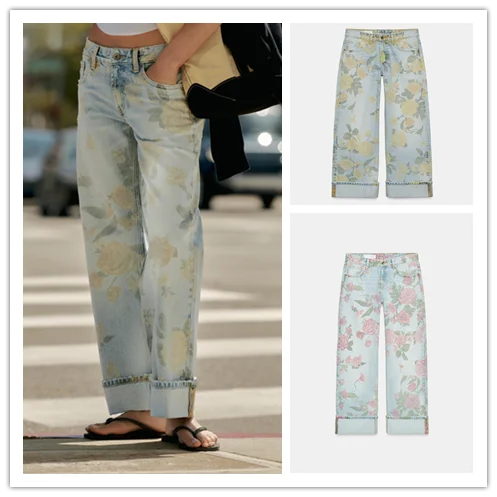 Loose Fit Printed Low Waist Denim Jeans Women's Casual Fashion Spring Summer New Arrival ZR Style Cuffed Hem Polyester Fiber