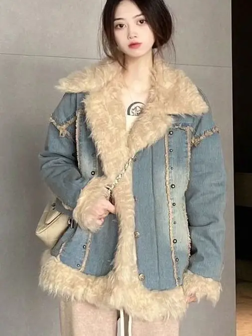

Женский джинсовый джинсовый тройник в стиле ретро в Гонконге с меховым воротником, свободная зимняя верхняя одежда из хлопка, модный кардиган, топ
