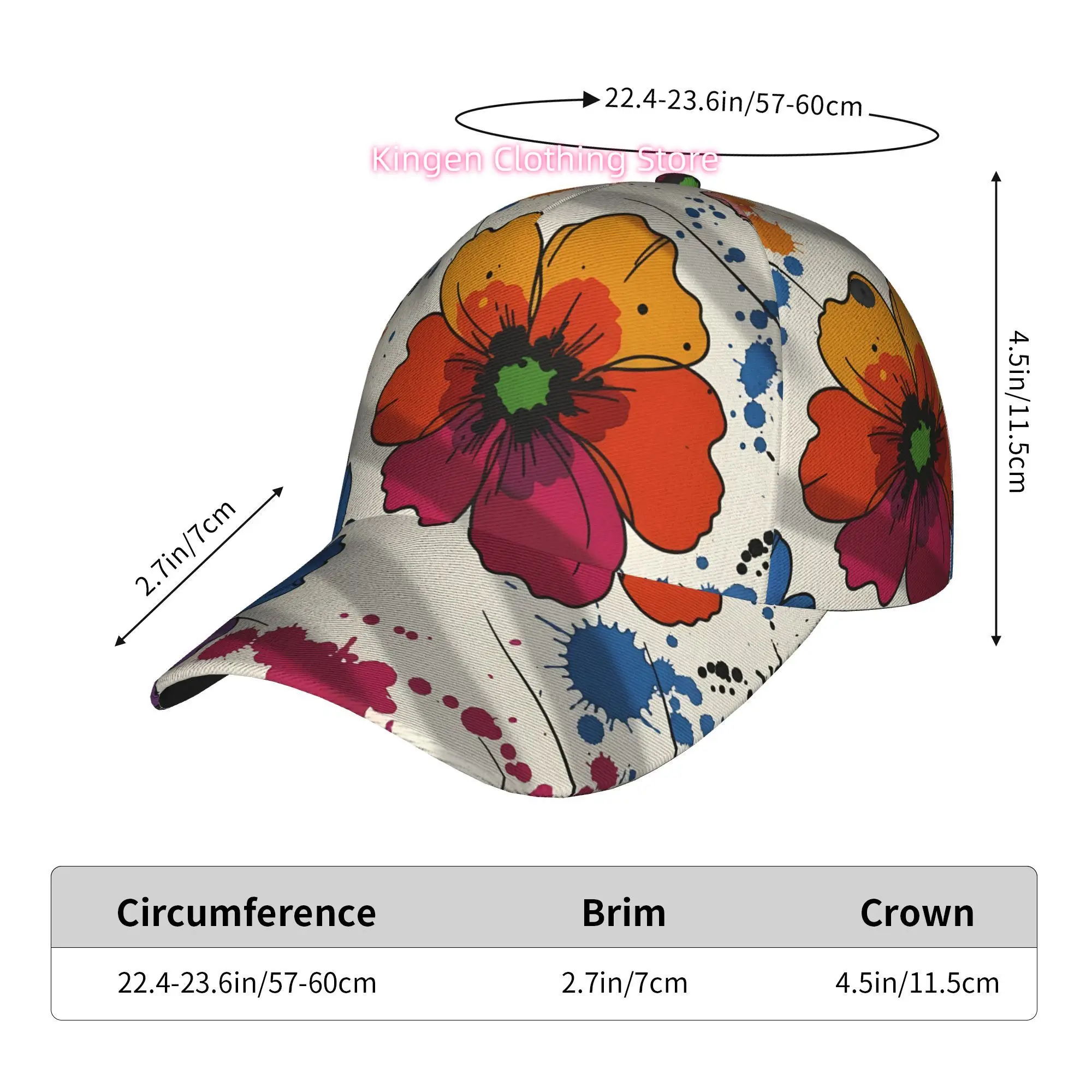 Colorful Flowers with Splatters, Fashionable Printed Baseball Cap, Curved Brim Baseball Cap, Sports Running Cap, Adjustable Base