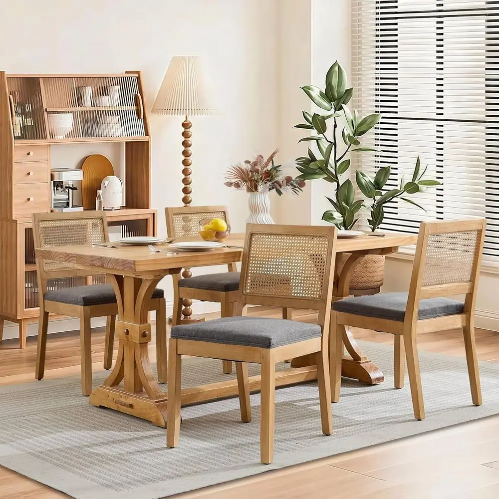 

Set of 4 Upholstered Linen Dining Chairs with Rattan Backrest and Solid Wood Legs for Home, Kitchen, or Restaurant, Grey