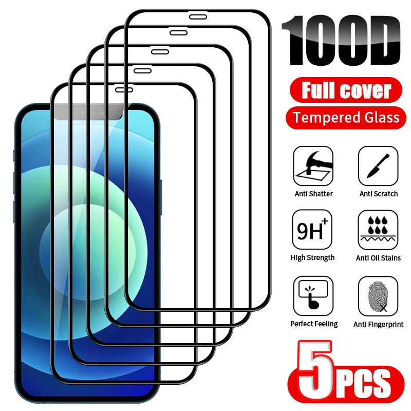 5Pcs Protective Glass For iPhone 15 13 12 14 Pro Max 7 8 Plus Screen Protector For iPhone 11 PRO X XS MAX XR Full Cover Glass