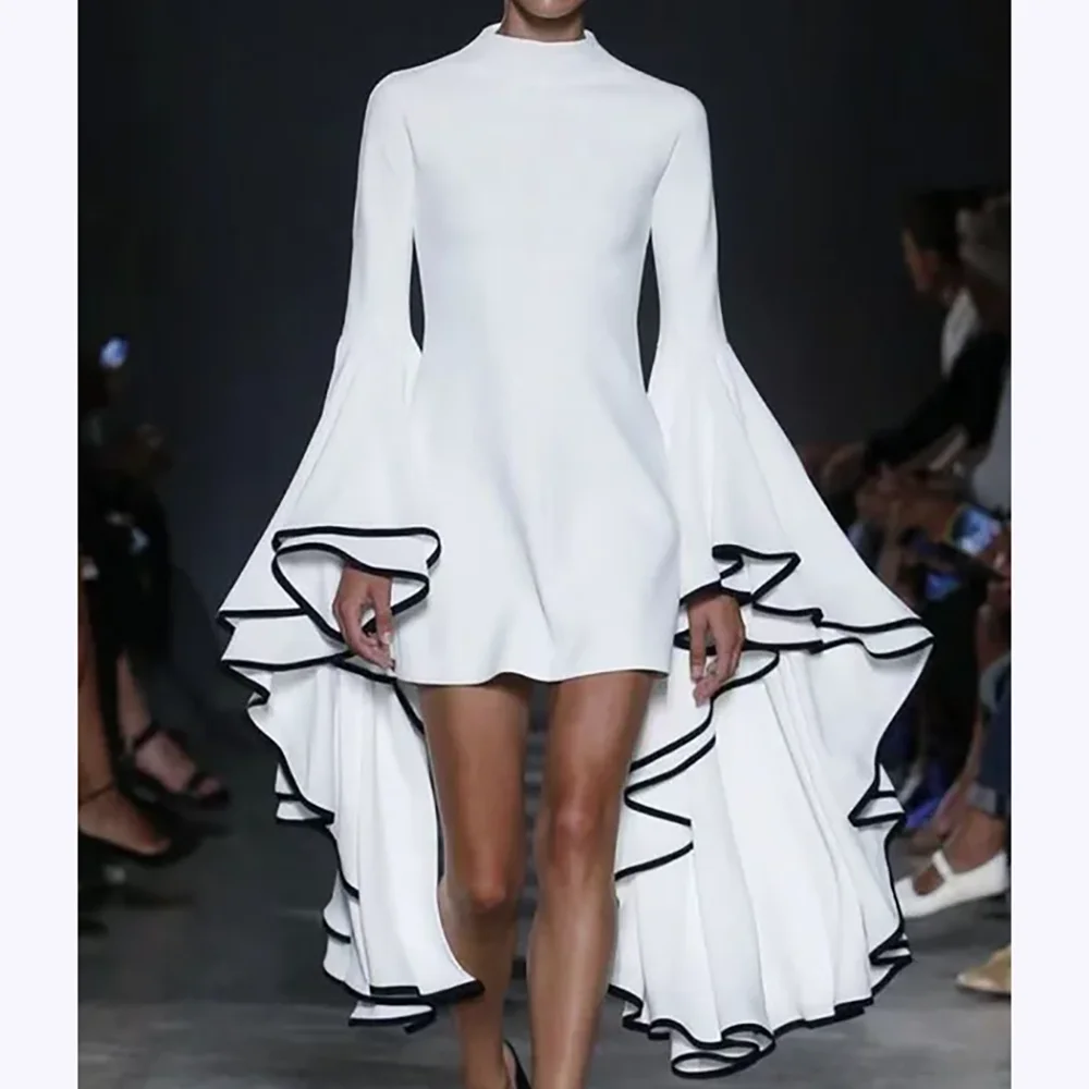 

Fashion Elegant Flared Sleeves Mini Evening Dresses New Style High Collar Slim Fit White Mermaid Dress Formal Occasion Gown