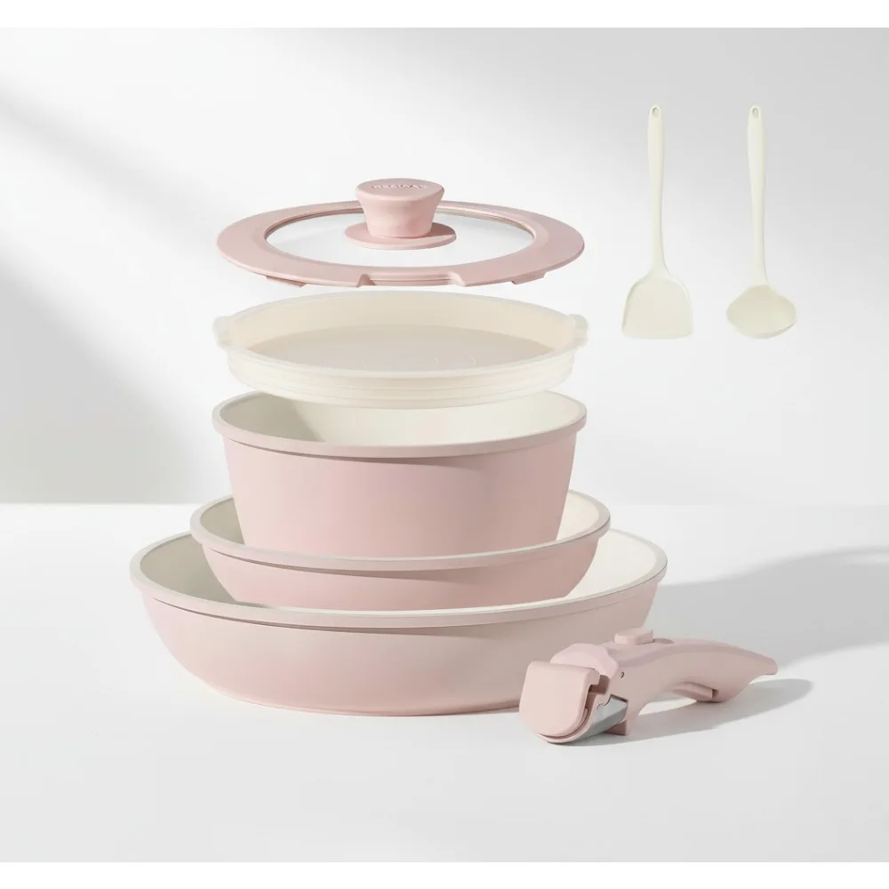 

Набор керамической посуды с антипригарным покрытием, 8 шт., со съемной ручкой, штабелируемые кастрюли, сковороды для здорового приготовления пищи (розовый)