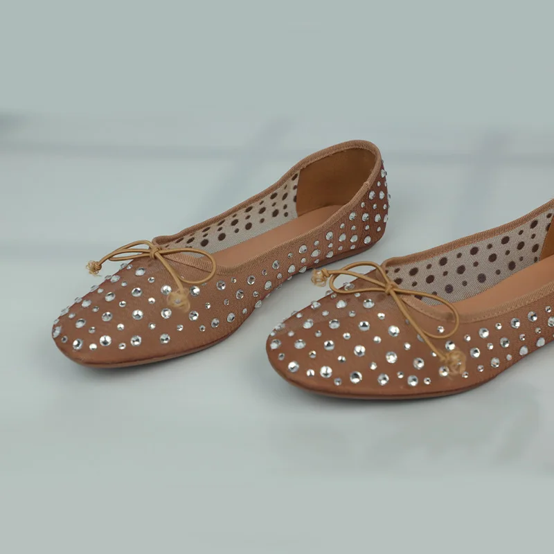 메쉬 자수 라인스톤 브랜드 여성 발레 플랫 작은 리본 통기성 메리 샌들 편안한 낮은 굽 플랫 2025