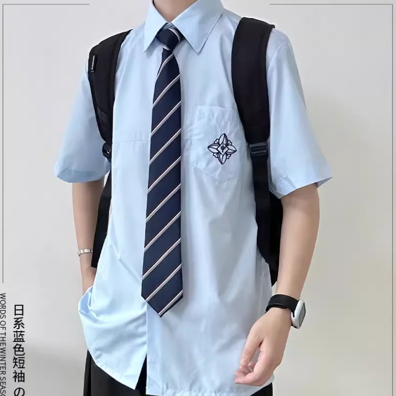 Japanese Original Men's Embroidered Short Sleeved Shirt With Blue Lining For Teenagers
