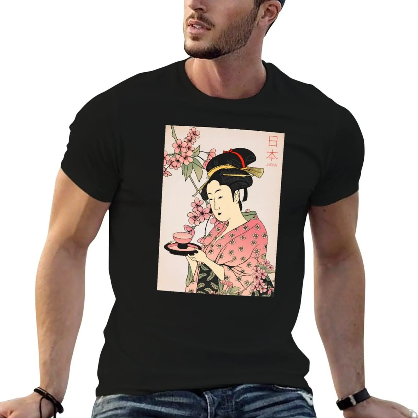 Geisha and Tea T-Shirt oversized t shirt cotton graphic tees mens plain t shirts