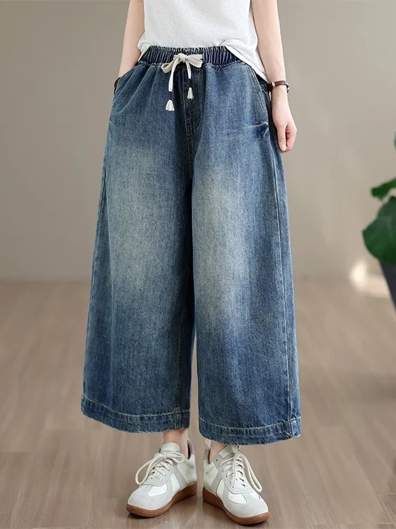 Retro Washed Jeans High Waist Elastic Waist Nine Points Pants Belted Loose Fit Wide Leg Casual Cotton Blend mid Age Women