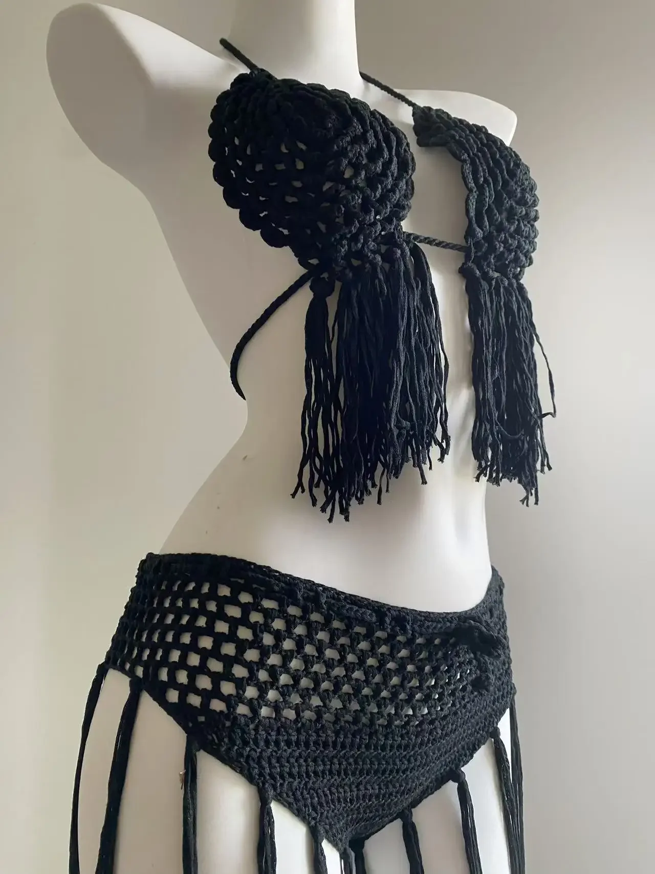 Women Summer Black Crochet Bikini Set Tassel Swimwear Sexy See Through Cover Up Skirt Hollow Out 2 Piece Knitted Beach Set