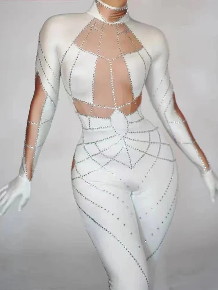 Fashionable Women'S Clothing High Quality Hot Diamond Elastic White Tight Fitting Jumpsuit