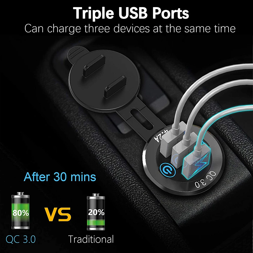 DIY Aluminum Car Charger QC 3.0/4.2A Triple USB Socket Touch Switch Waterproof for Car Boat Marine Truck Golf Cart RV Motorcycle