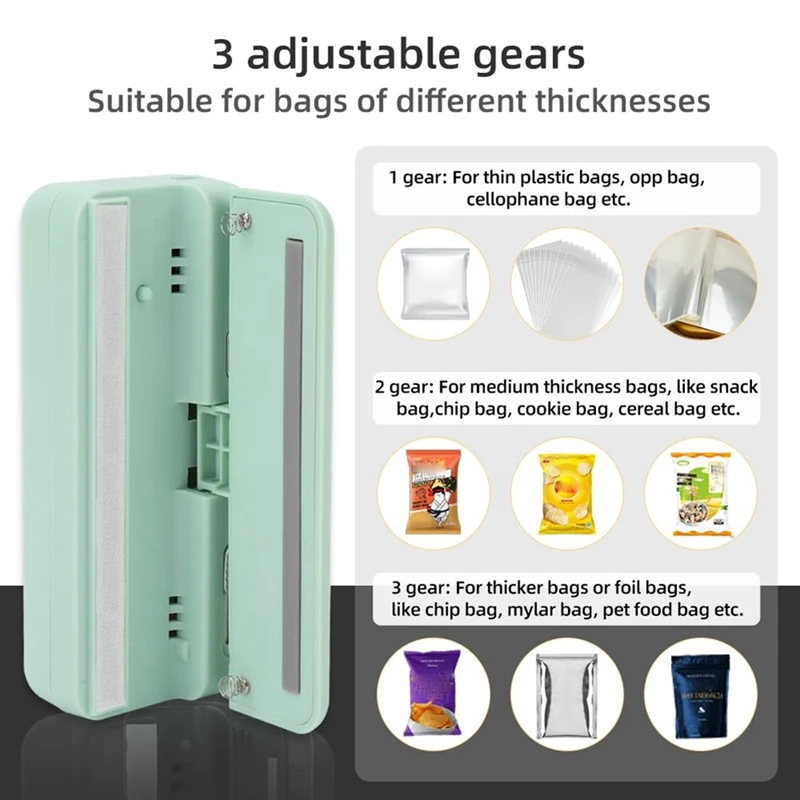 Мини-запайщик пакетов, USB-зарядное устройство, термосварщик пакетов для картофельных чипсов, запечатывает термосварку и резак для закусок, прочный зеленый цвет