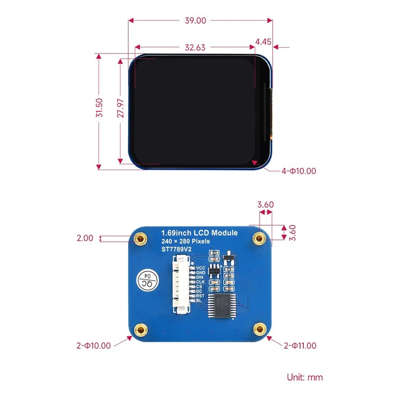 For Raspberry Pi 1.69 Inch IPS Display Color LCD 240 X 280 Resolution SPI Interface 262K Color Screen for Arduino STM32