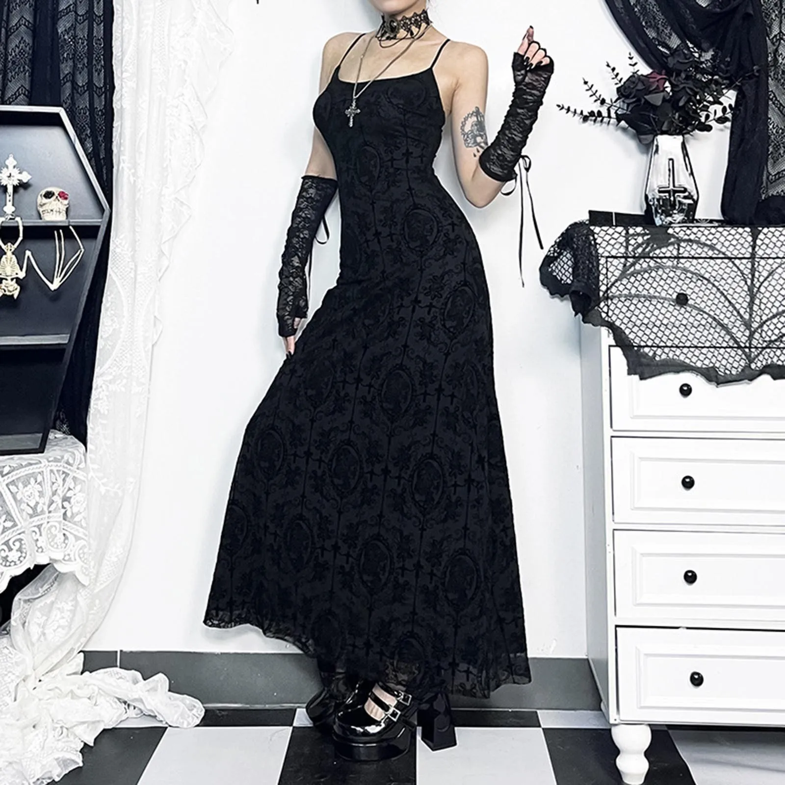 Goth Cross Flocking Mall Gothic Aesthetic Dresses Grunge Punk Mesh Elegant Party Long Dress Sling Slim Sexy Emo Alt Outfits