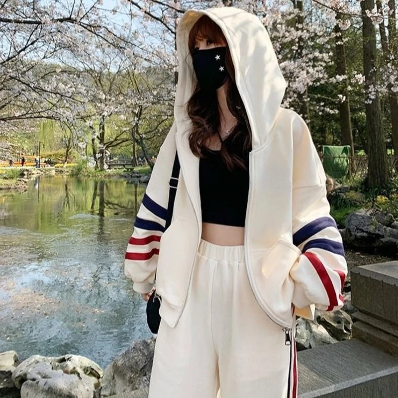 Hoodies with Zipper Hooded Tops Pants 2 Piece Set Full Zip Up Y2k Vintage Sport Female Clothes Aesthetic E Sweatshirts for Women