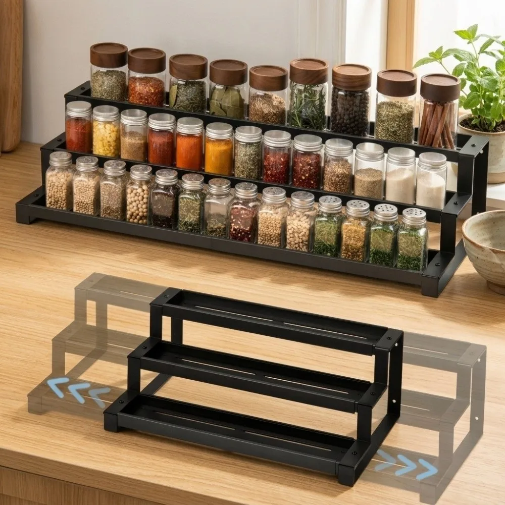 

3-Tier Retractable Spice Jars Rack Slip-Resistant Carbon Steel Expandable Storage Shelf Adjustable Telescopic