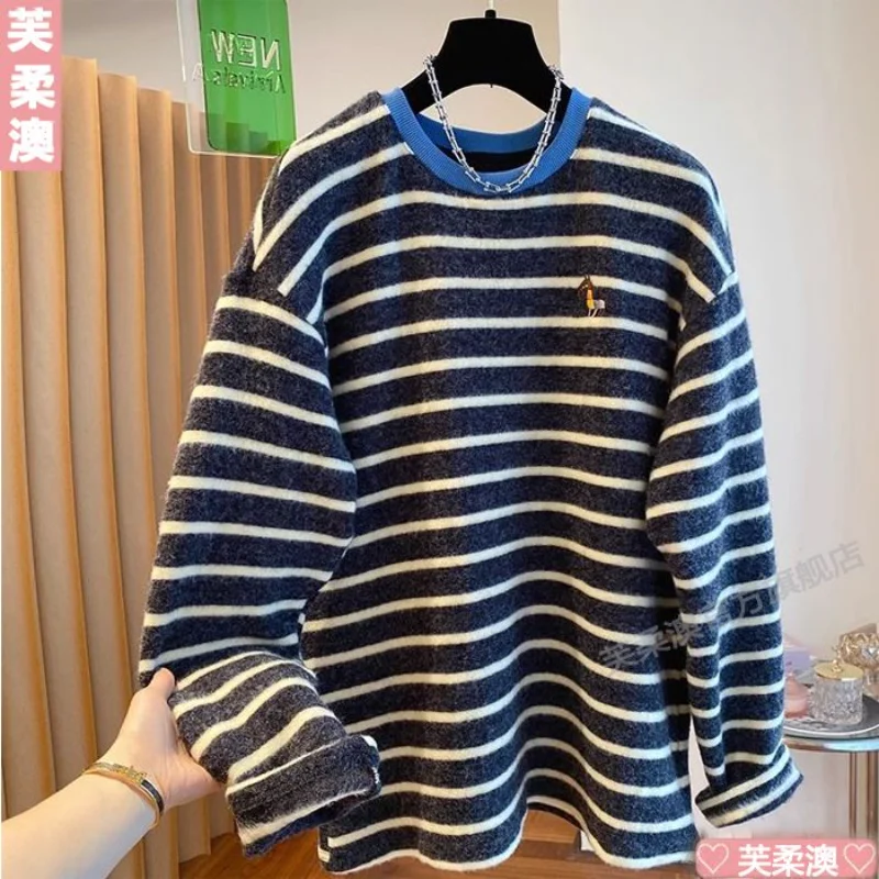 

Полосатая футболка, женская свободная осенне-зимняя теплая новая вязаная футболка с длинными рукавами и вышивкой