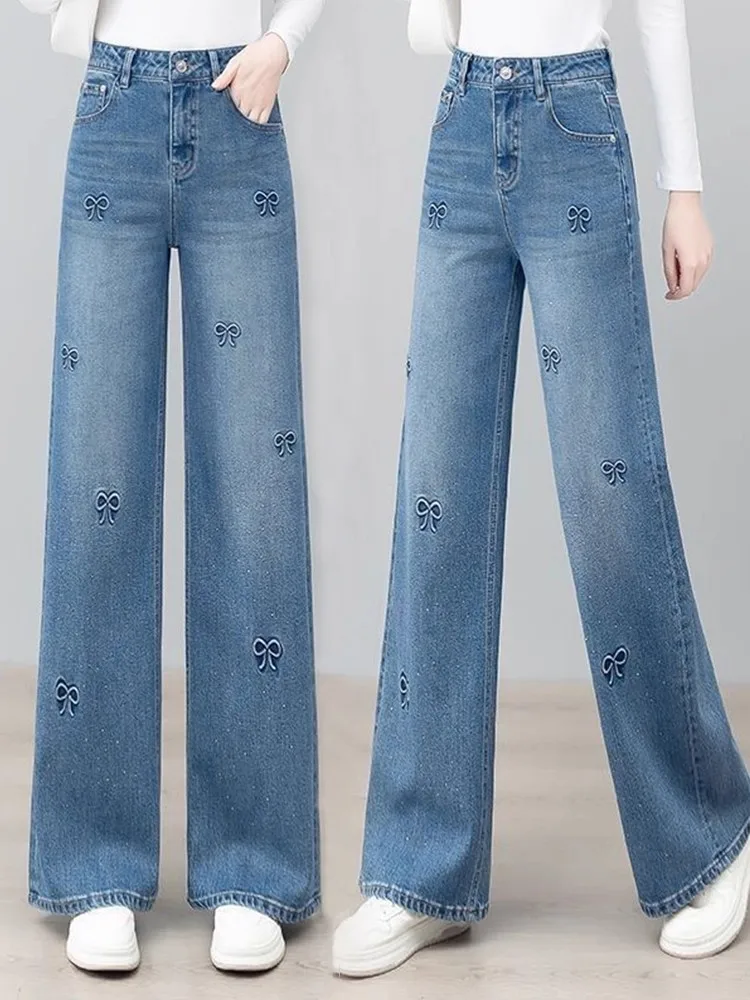 

Women's High Waist Wide Leg Denim Jeans Embroidered Sequin Slimming Straight Cut Trousers Casual Style Machine Embroidery