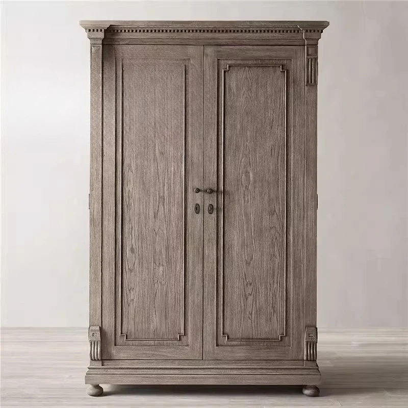 

American country solid wood retro simple carved wardrobe, bedroom storage