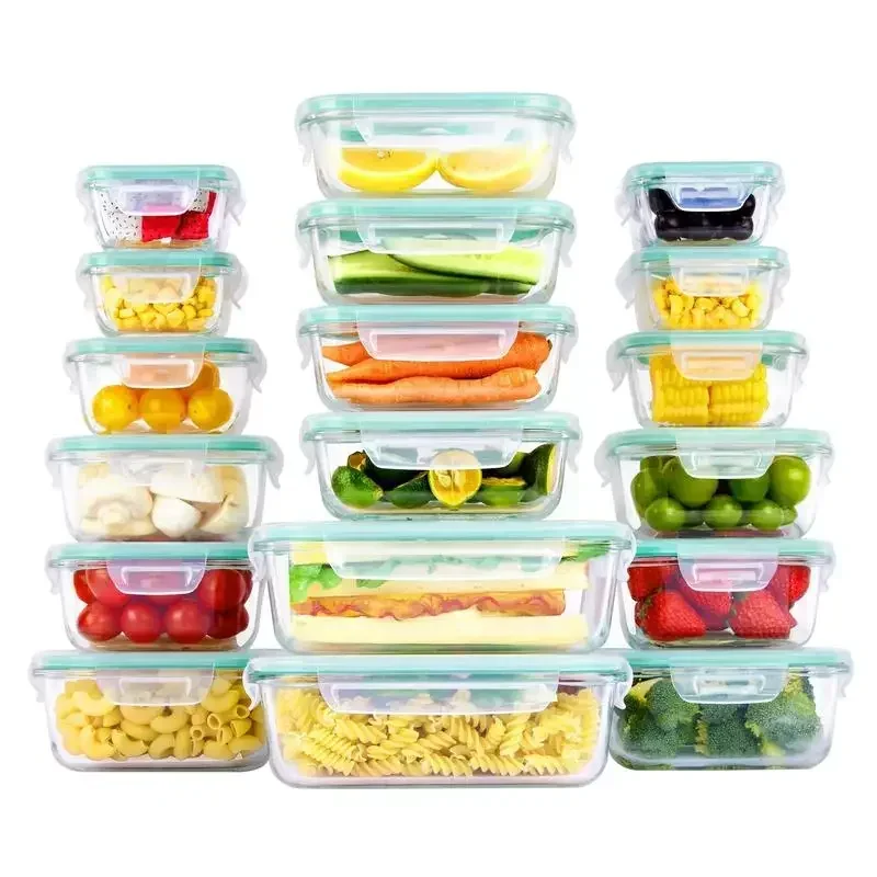 Vtopmart 18/15/8 Pack Glass Food Storage Containers with Lids, Rectangular Stackable Lunch Organiser Bento Boxes