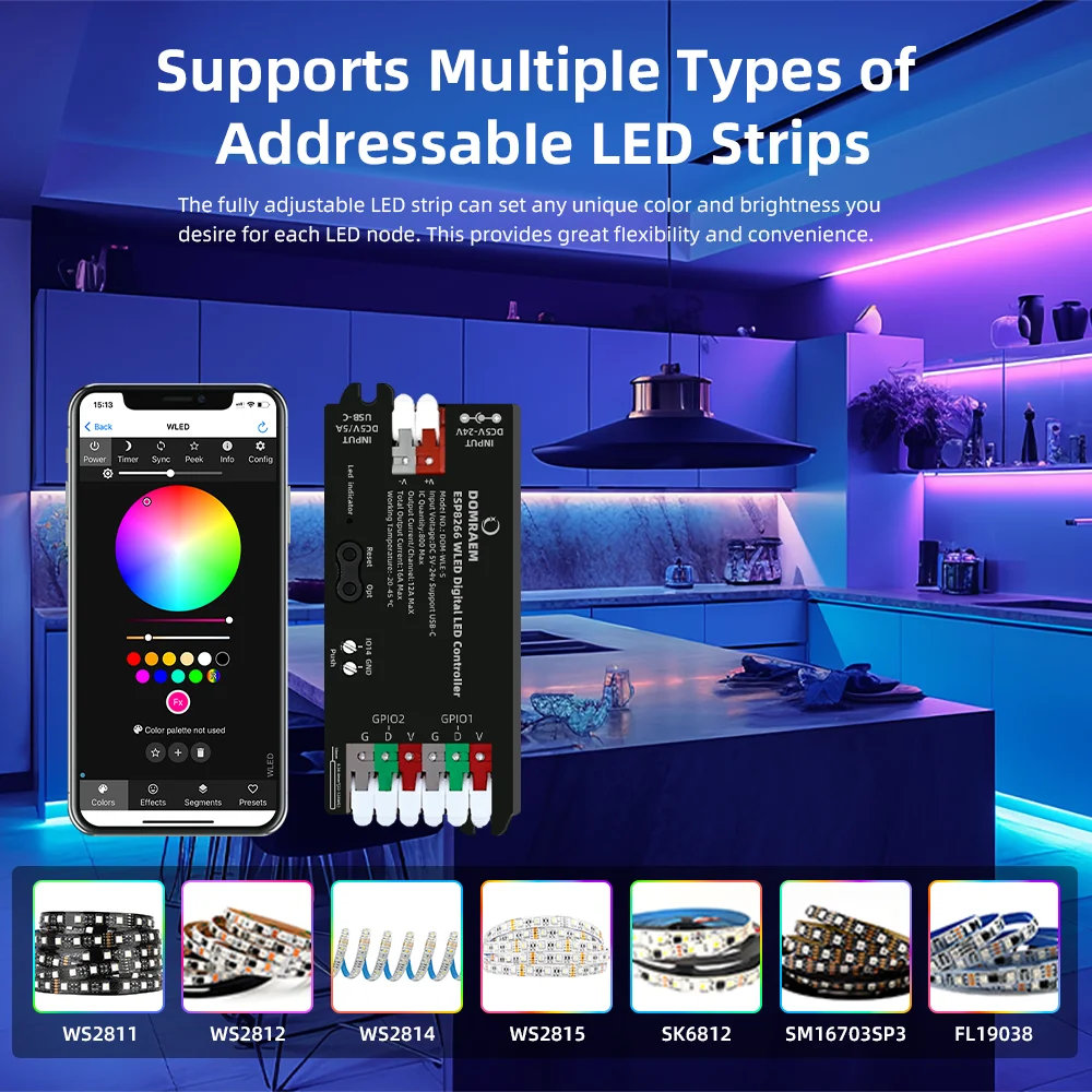 DOMRAEM DIY ESP8266 WLED Digital LED Strip Controller USB-C5V/DC5-24V Powered Maximum 16A with Fuse 800IC WS2811/12B /05/APA102