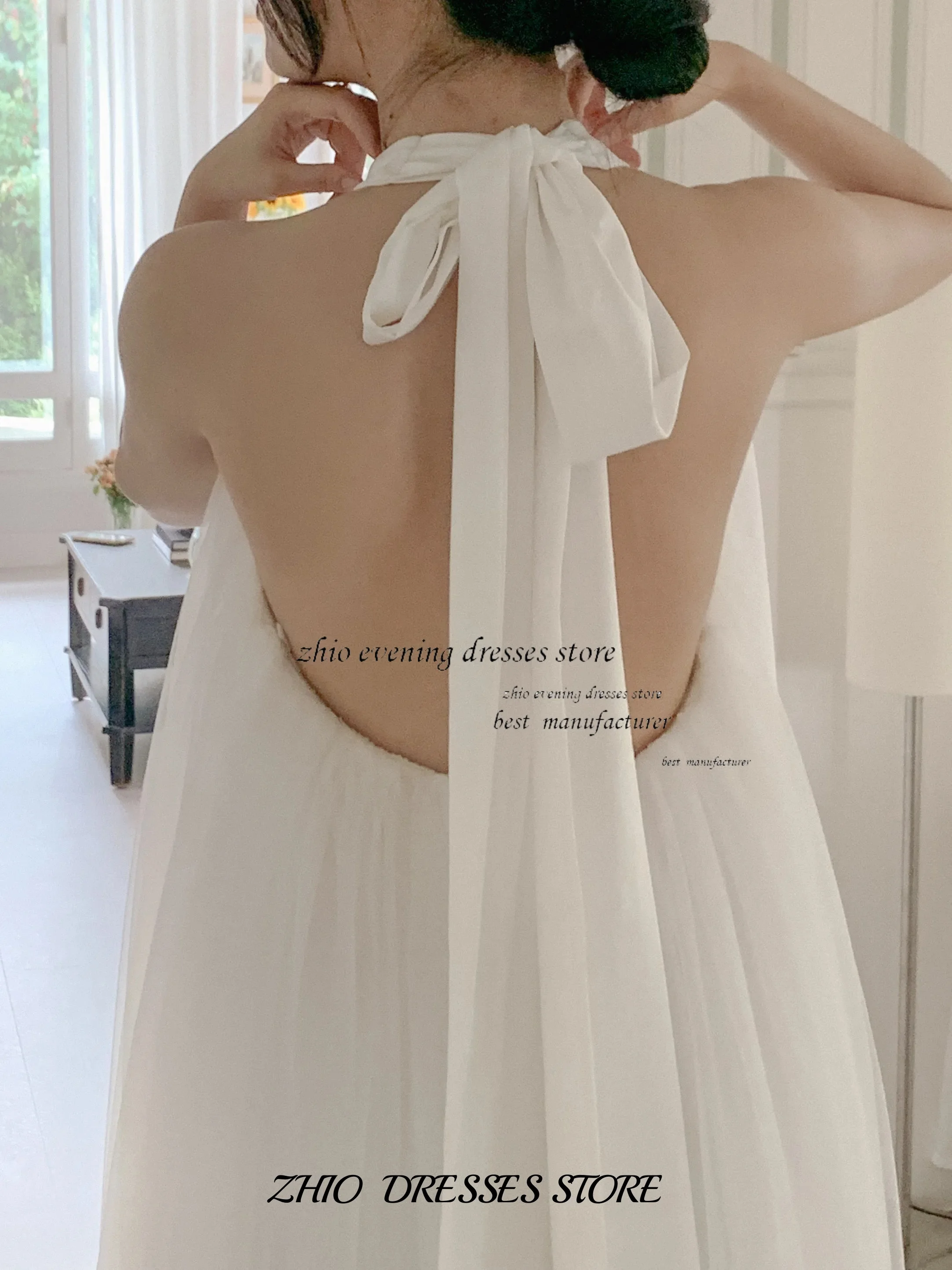 ZHIO White Tulle Fairy A-Line Elegant Korea Wedding Dresses Photo shoot High Neck Straight Bridal Gowns Customized 셀프웨딩