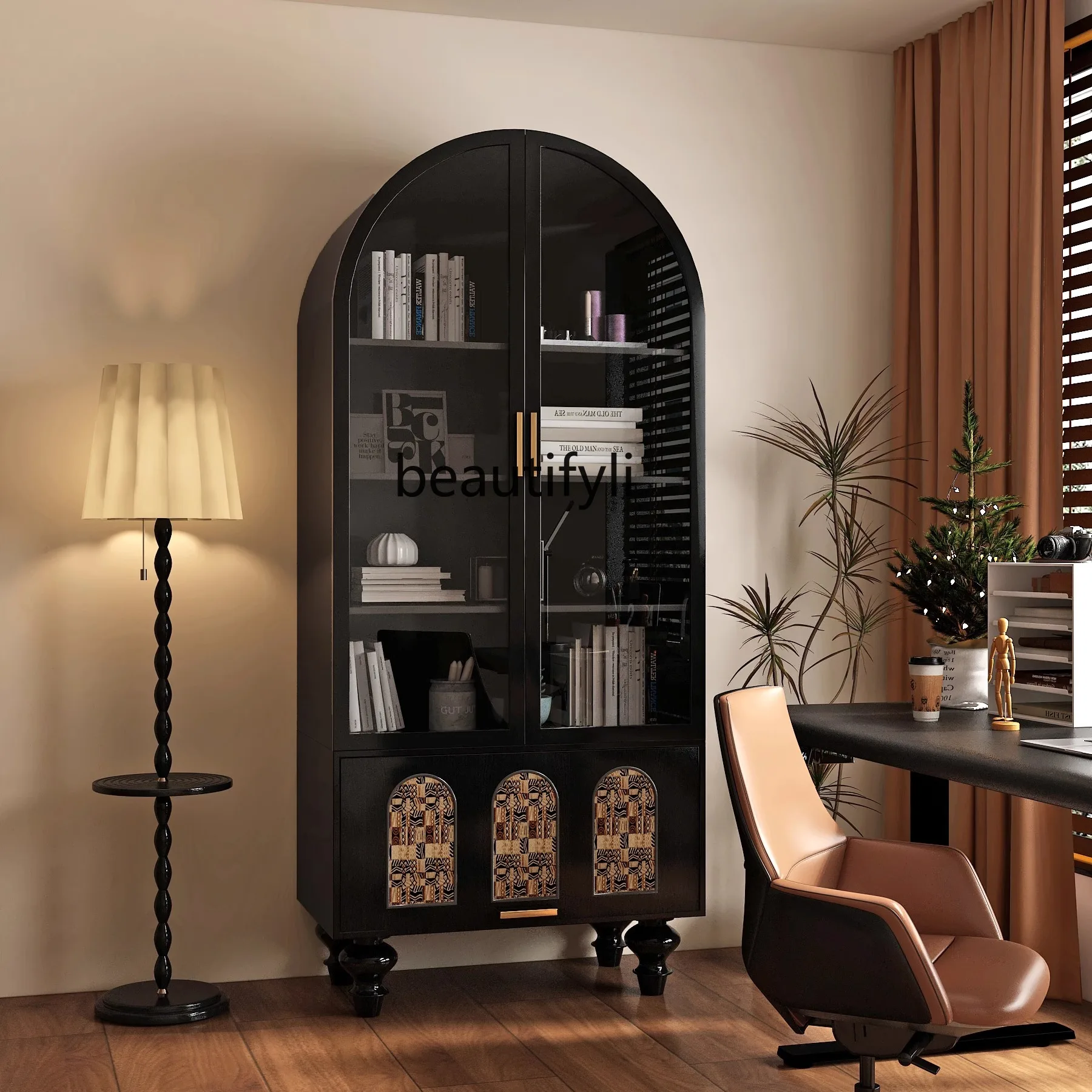 Bookcase storage, integrated solid wood storage, home floor living room bedroom display, retro wine cabinet